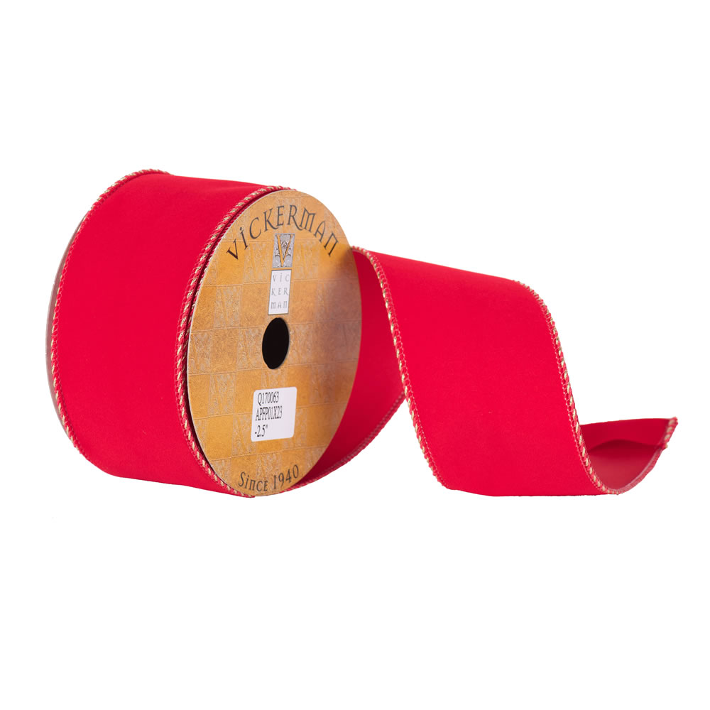 Q170063 2.5 in. x 10 Yard Red Velvet Gold Twist Edge Wired Ribbon