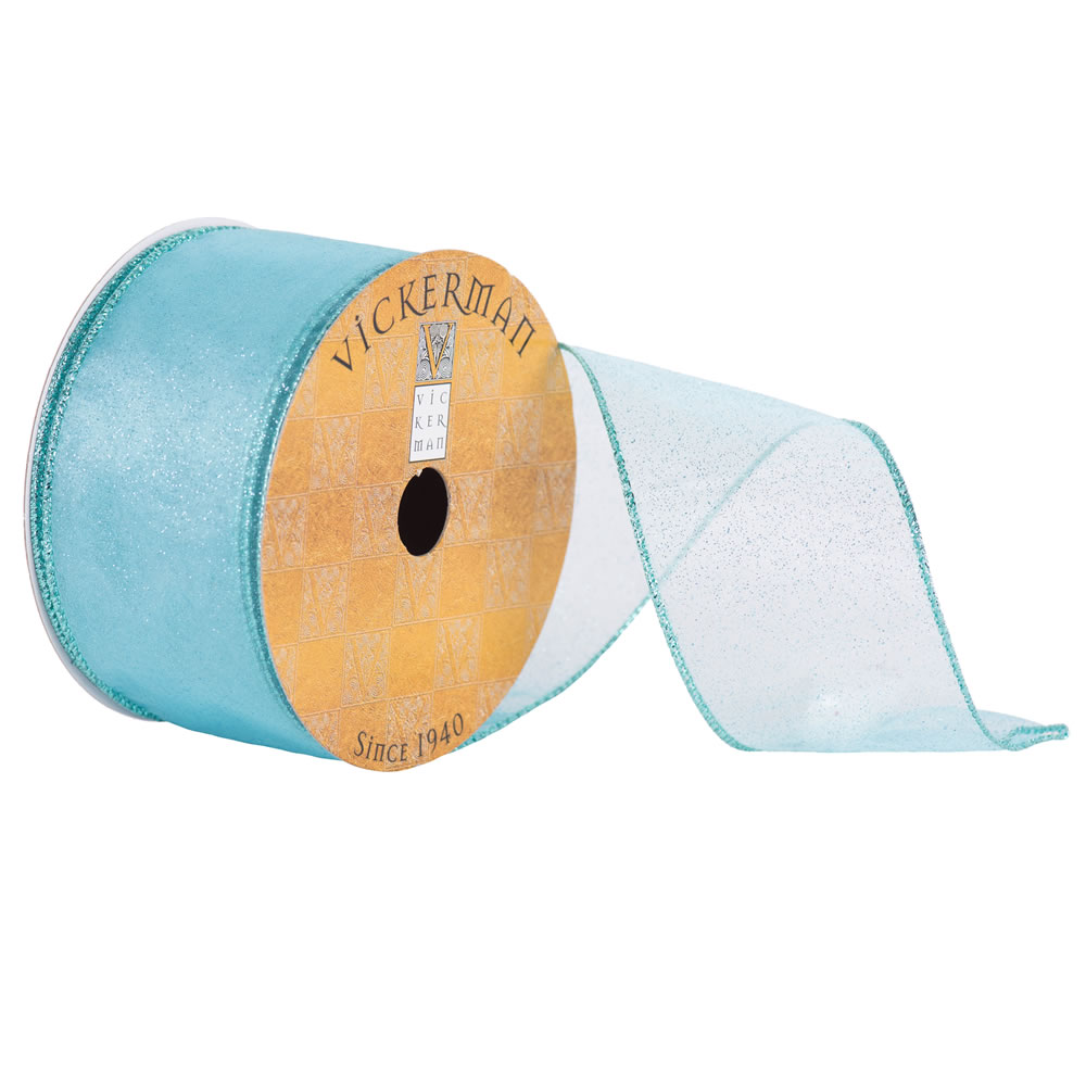 Q170154 2.5 in. x 10 Yard Aqua Sheer Glitter Wired Edge Ribbon