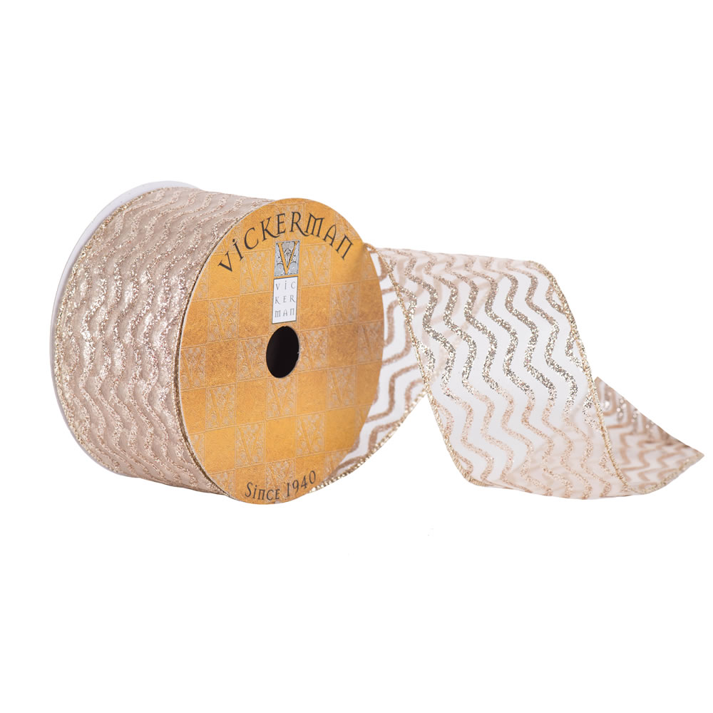 2.5 in. x 10 Yard Champagne Sheer Chevron Wired Ribbon