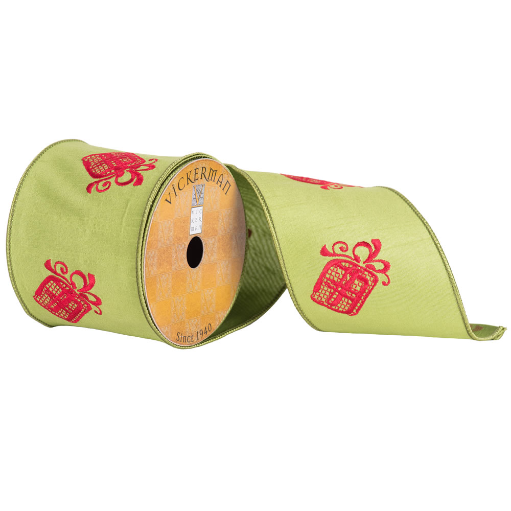 Q172152 4 in. x 10 Yard Green & Red Embroidery Gift Box Wired Ribbon