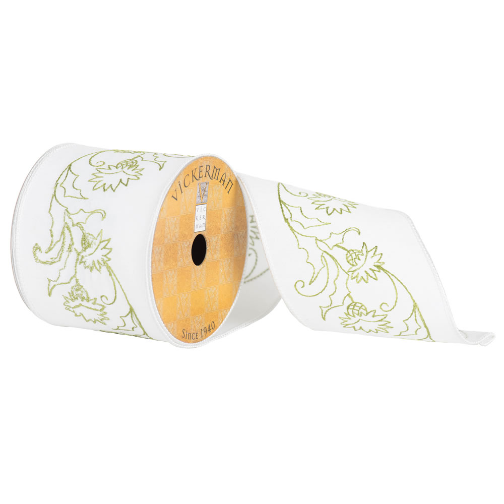 Q172156 4 in. x 10 Yard White & Green Embroidery Flower Wired Ribbon