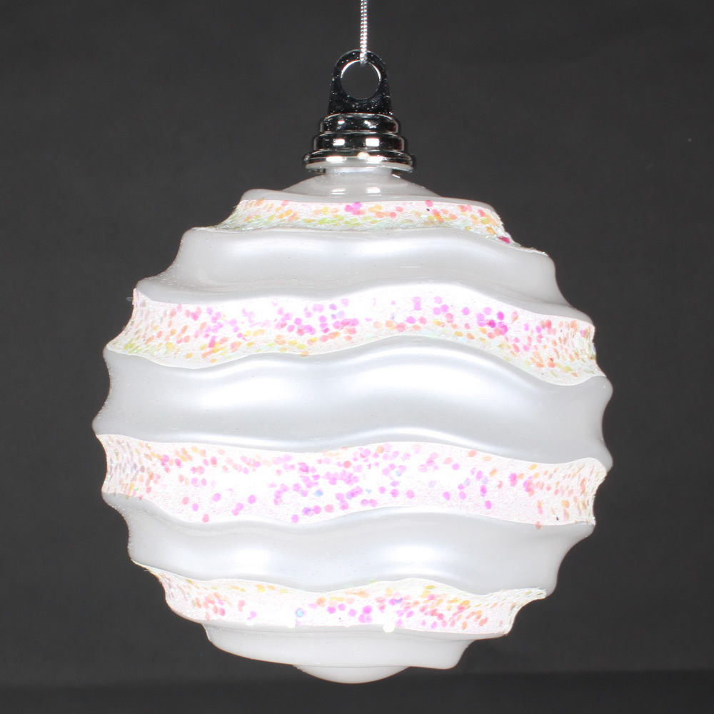 6 in. White Candy Glitter Wave Ornament Ball