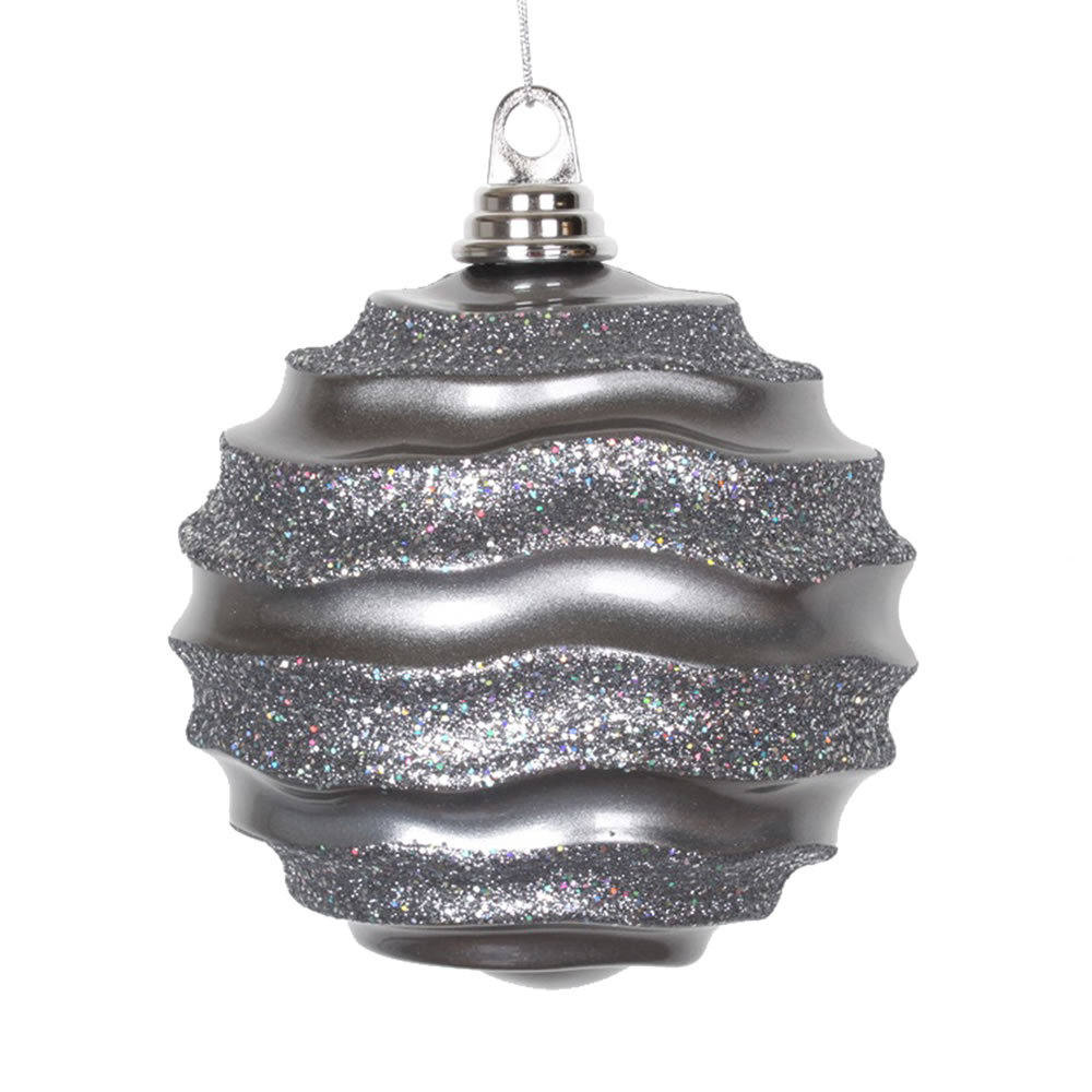 M132087 6 in. Pewter Candy Glitter Wave Ornament Ball