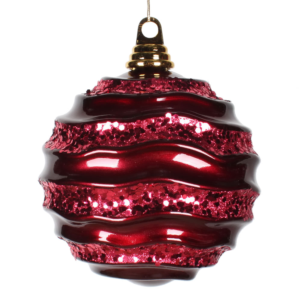 8 in. Burgundy Candy Glitter Wave Ornament Ball