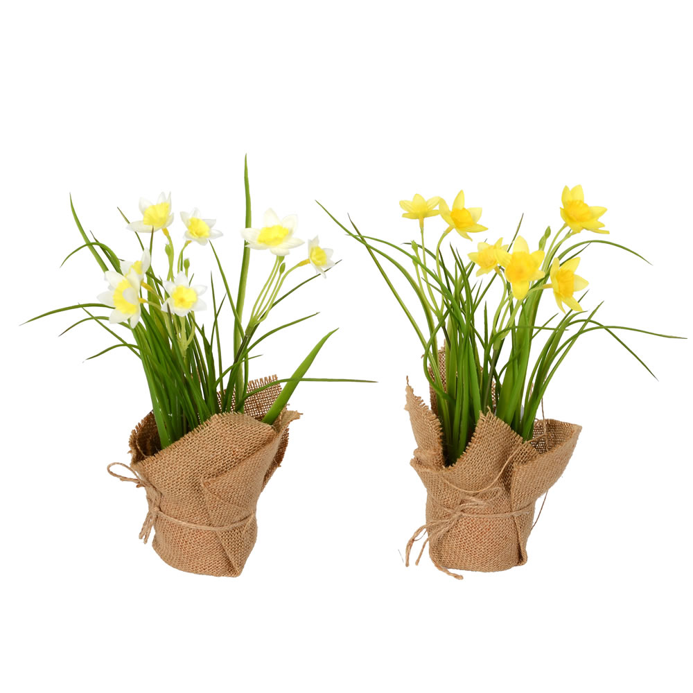 10 in. Green & Yellow Daffodil Burlap Pot - Set of 2
