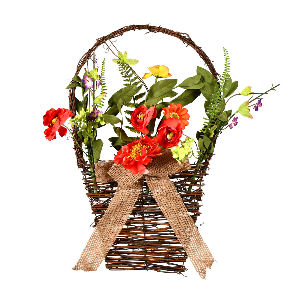 20 in. Coral  Orange & Green Artificial Mixed Floral Basket