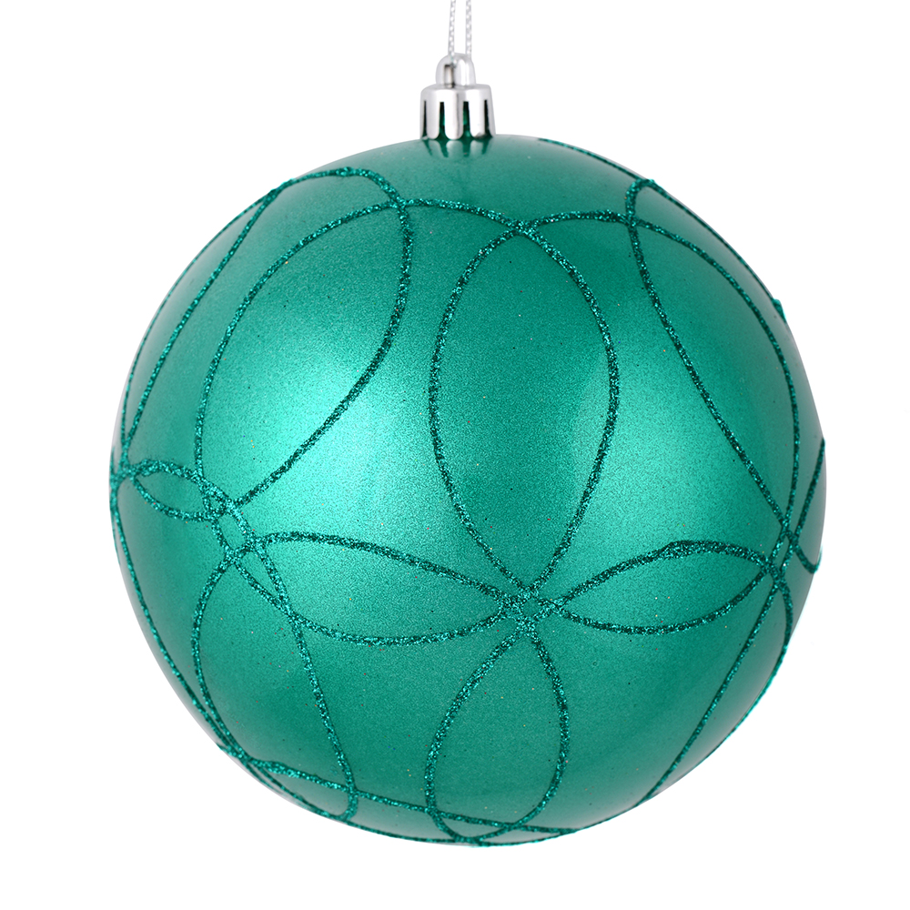 4.75 in. Teal Candy Ball Ornament with Circle Glitter Pattern  4 per Bag