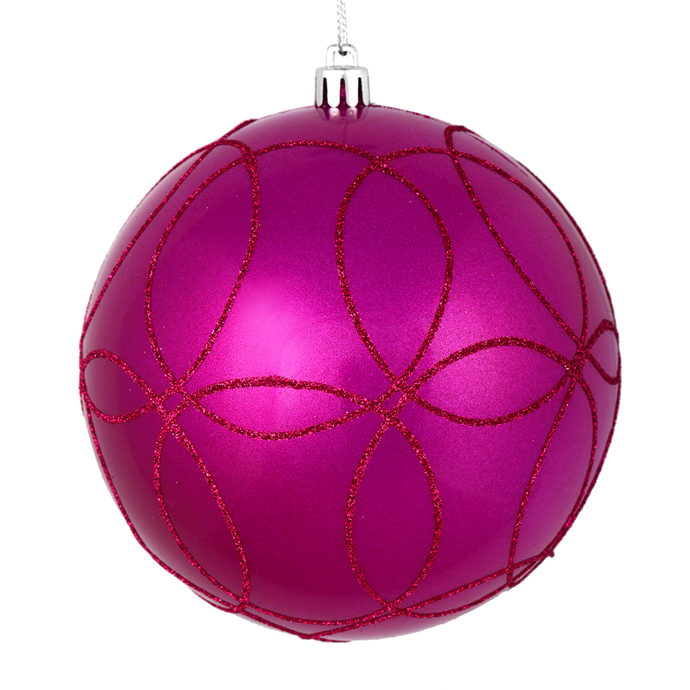 4.75 in. Fuchsia Candy Ball Ornament with Circle Glitter Pattern  4 per Bag