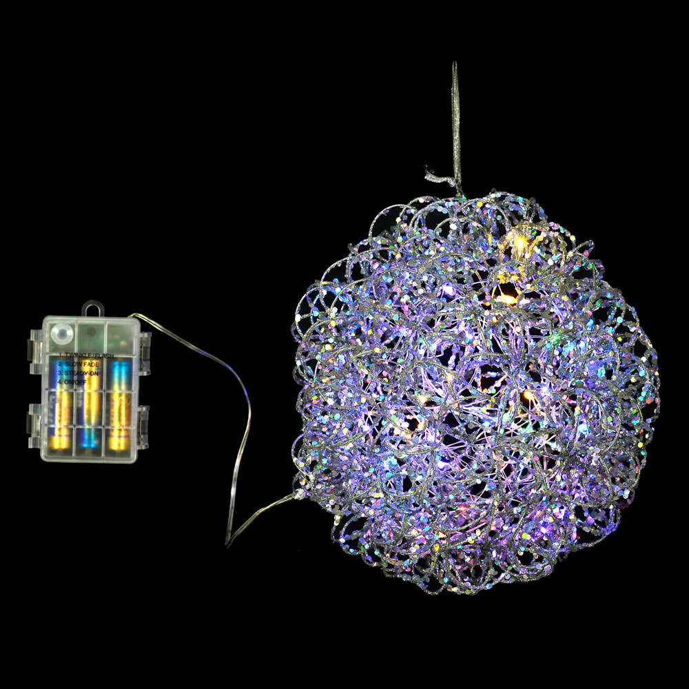 35 Light Battery Operated 8 in. Silver Vine Glitter Ball with 35 Micro Warm White Lights & 6 Hour On & Off Timer