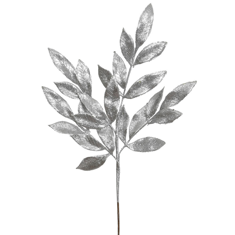 22 in. Silver Glitter Bay Leaf Artificial Christmas Spray, 12 per Bag
