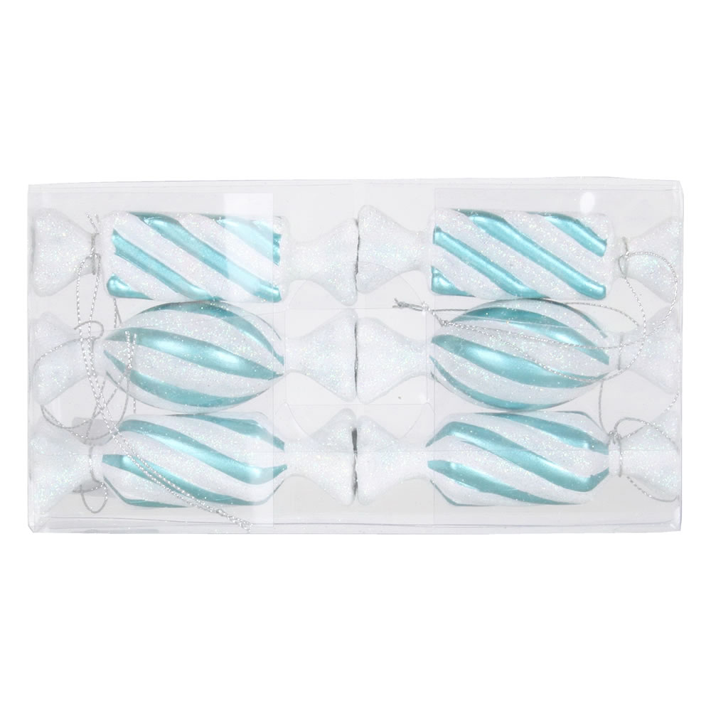 4 in. Turquoise & White Candy Glitter Christmas Ornament  6 per Box