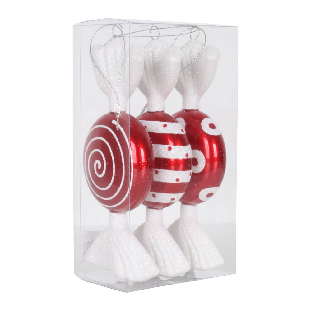 7 in. Red & White Flat Candy Glitter Christmas Ornament  3 per Box