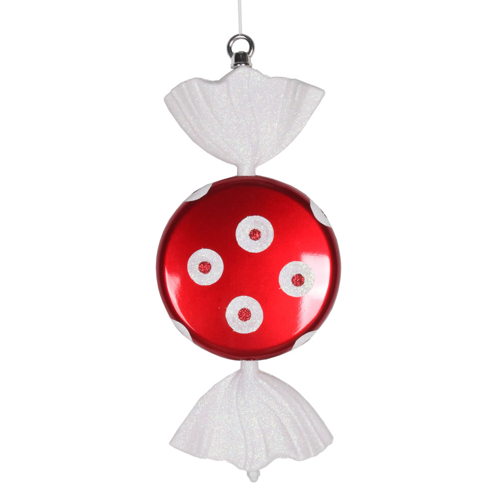 13 in. Red & White Flat Polka Dot Candy Glitter Christmas Ornament