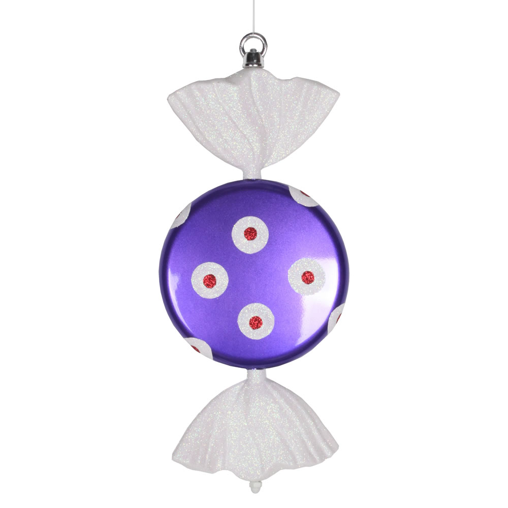13 in. Purple & White Flat Polka Dot Candy Glitter Christmas Ornament