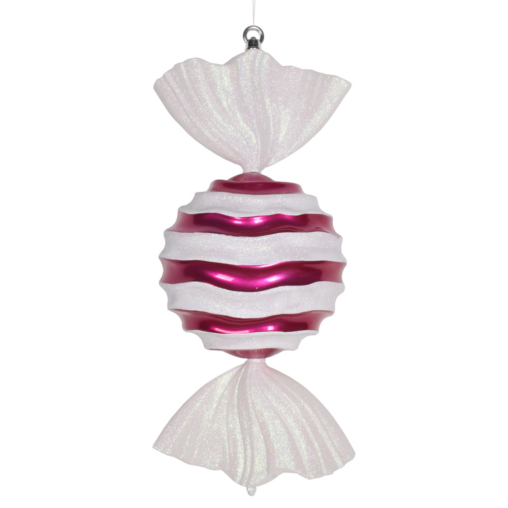 18.5 in. Cerise & White Striped Wave Candy Glitter Christmas Ornament
