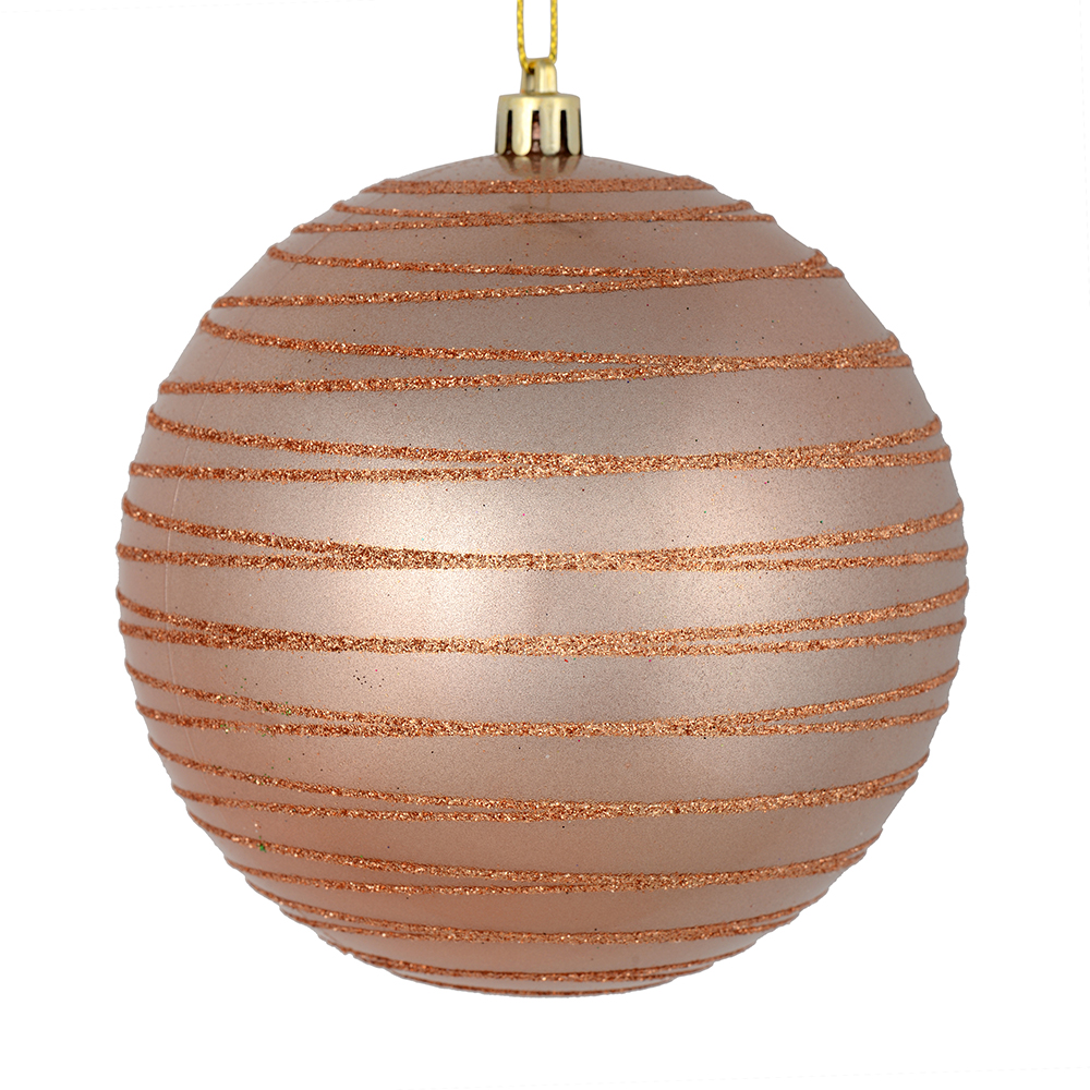 N187758D 4.75 in. Rose Gold Candy Ball Ornament with Glitter Lines  4 per Bag