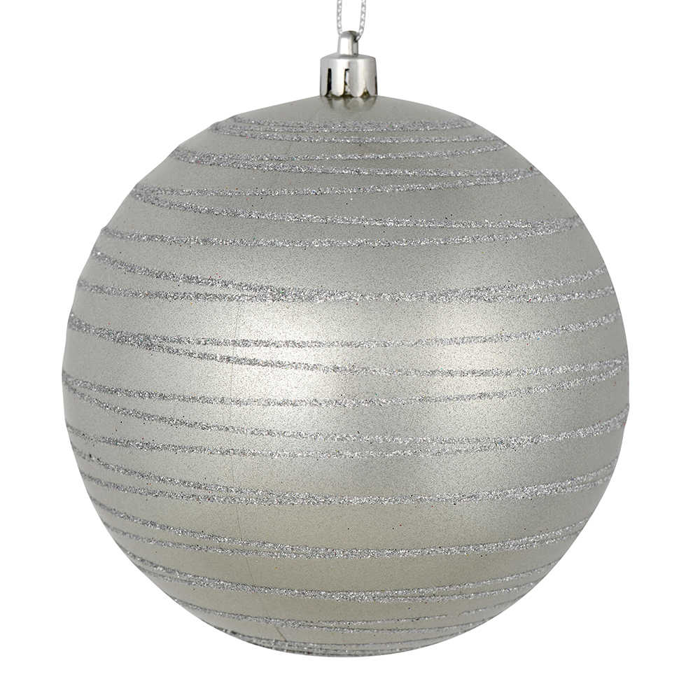 N187807D 6 in. Silver Candy Ball Ornament with Glitter Lines  3 per Bag