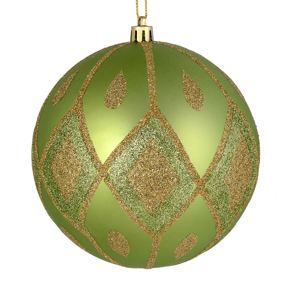 4 in. Celadon Matte Ball Ornament with Glitter Diamond Pattern  4 per Pack