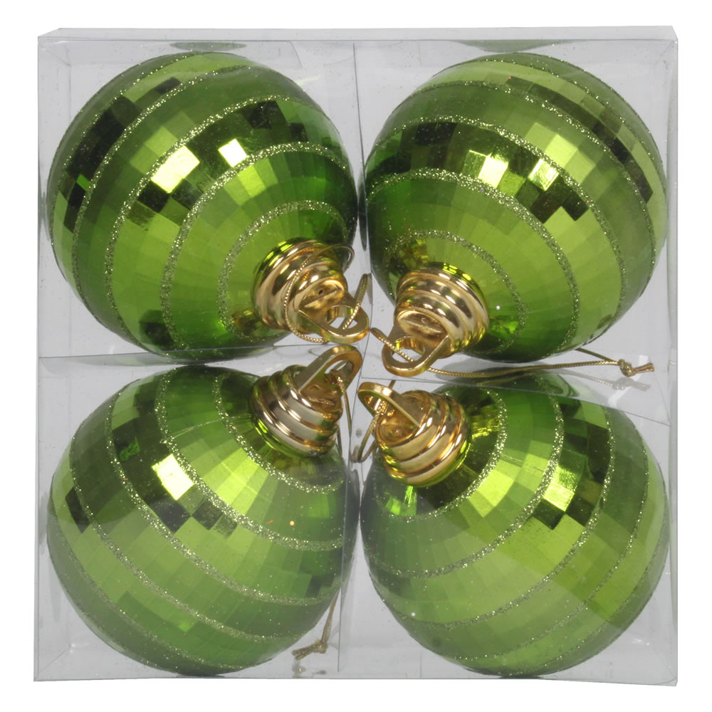 4 in. Lime Plastic Shiny & Matte Mirror Ball Ornament with Matching Glitter  4 per Box