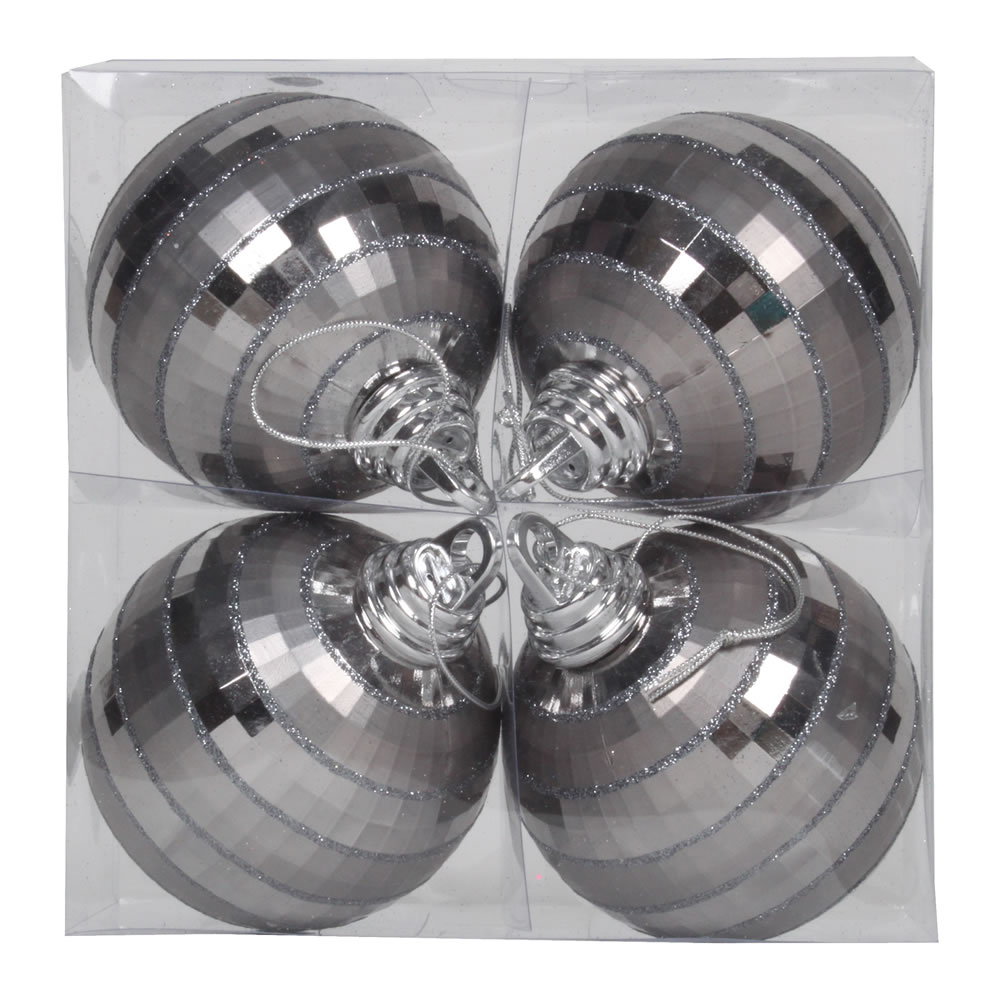 4 in. Pewter Plastic Shiny & Matte Mirror Ball Ornament with Matching Glitter  4 per Box