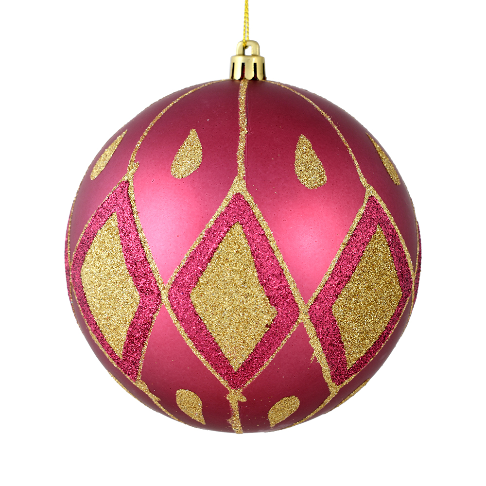 6 in. Berry Red Matte Ball Ornament with Glitter Diamond Pattern  3 per Bag