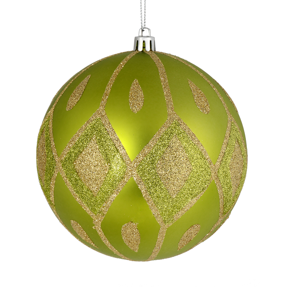 6 in. Lime Matte Ball Ornament with Glitter Diamond Pattern  3 per Bag