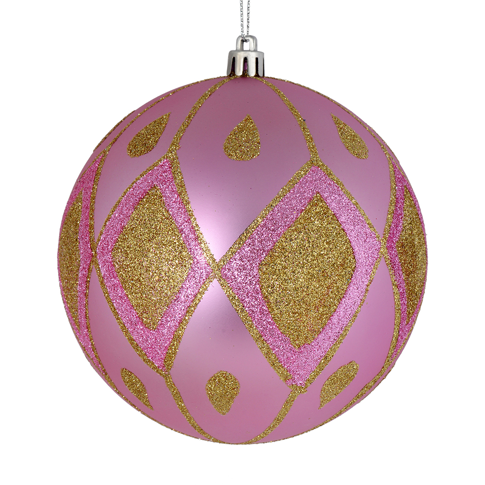 6 in. Pink Matte Ball Ornament with Glitter Diamond Pattern  3 per Bag