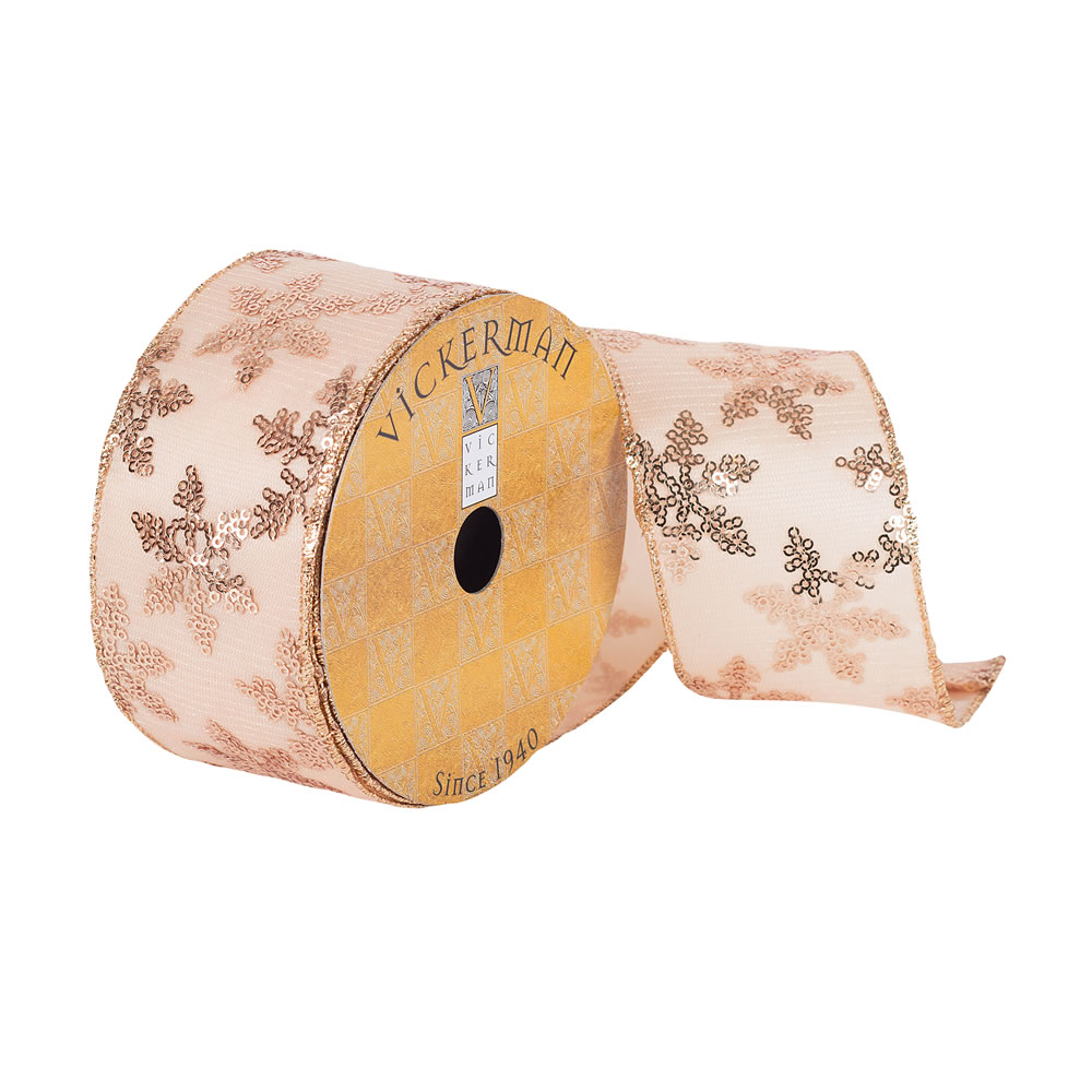 Q180146 2.5 in. x 10 Yards Rose Gold Dupioni Ribbon with Gold Sequin Snowflakes