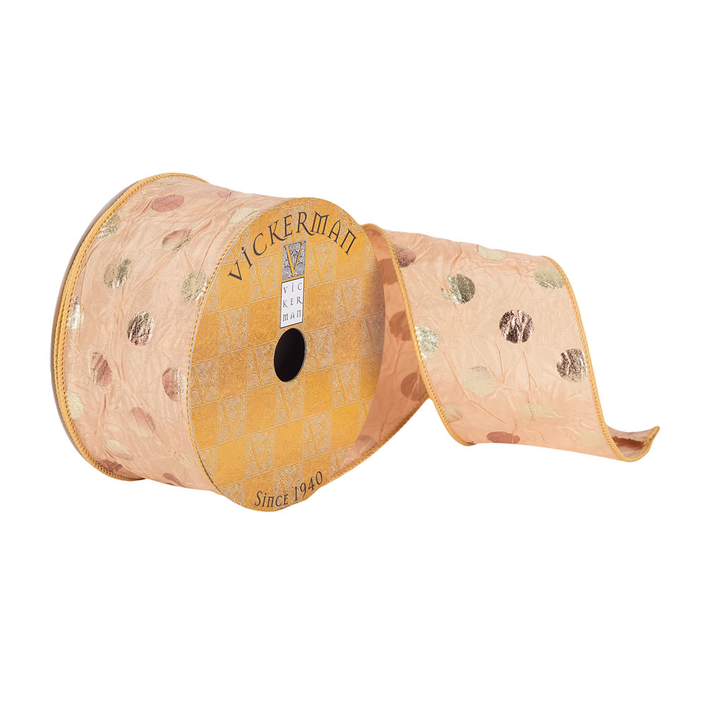 Q180149 2.5 in. x 10 Yards Crushed Cafe Latte Dupioni Ribbon with Rose Gold Polka Dots