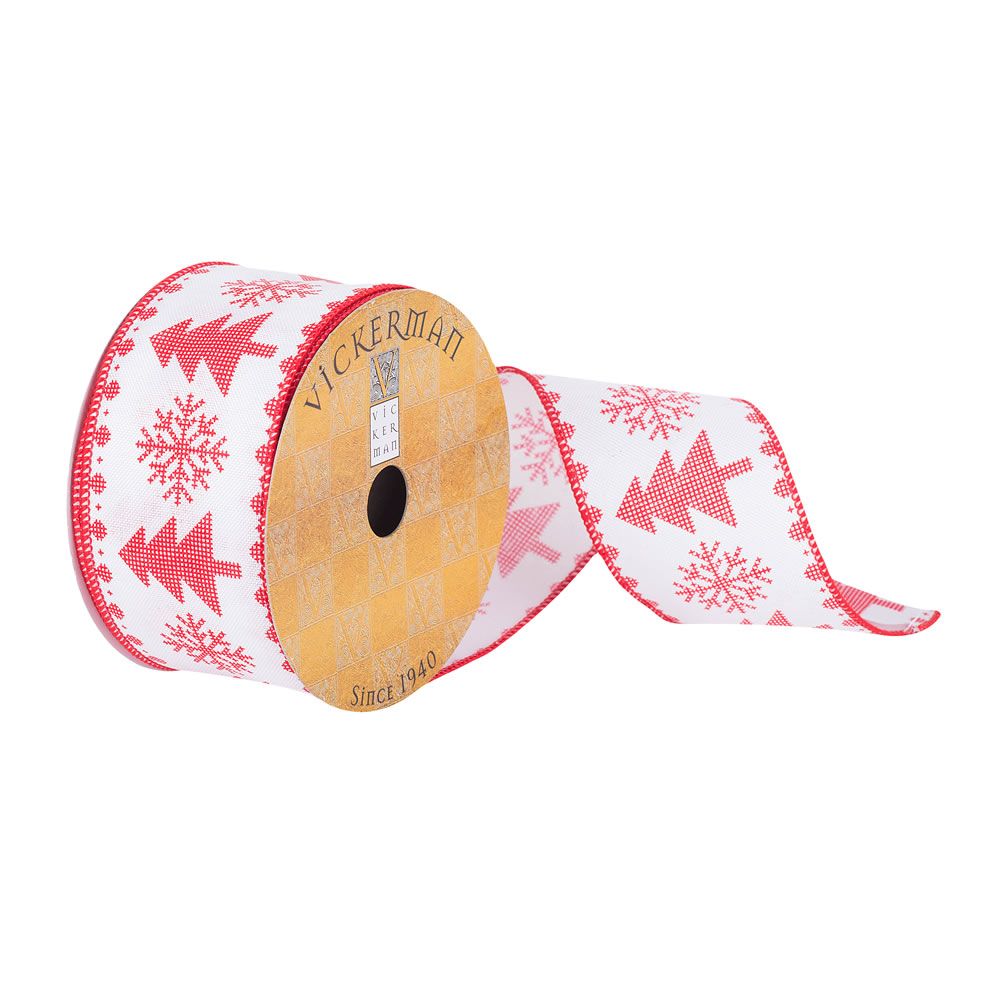 Q180665 2.5 in. x 10 Yards White & Red Tree Snowflake Ribbon