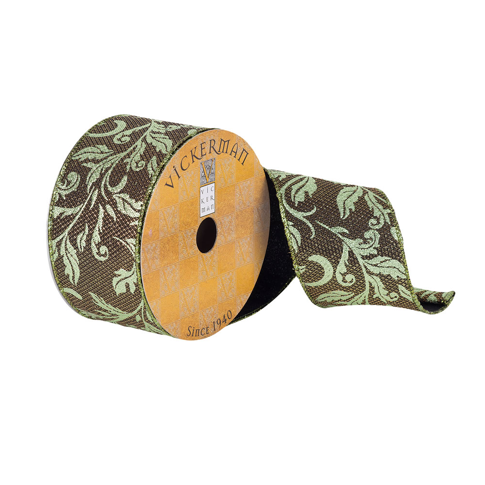 2.5 in. x 10 Yards Green Divet Filigree Pattern Ribbon