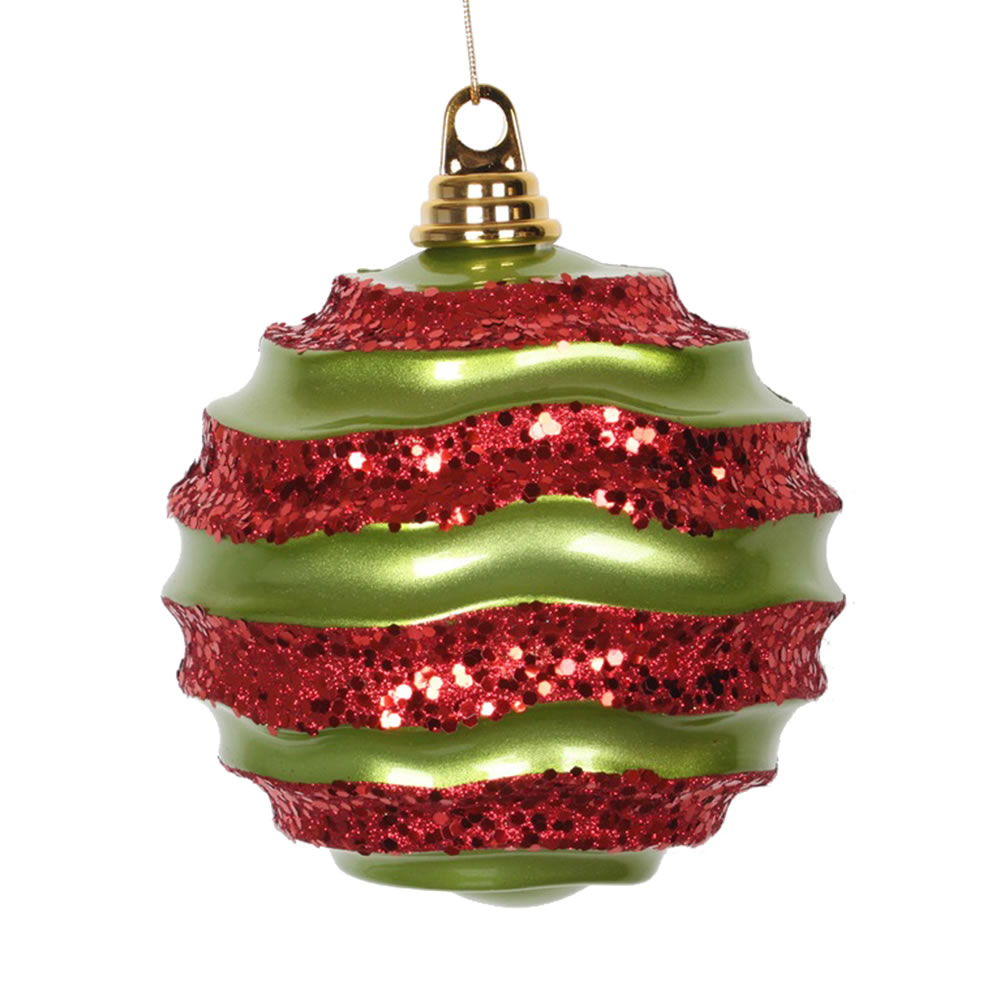 6 in. Lime-Red Candy with Glitter Wave Ball Christmas Ornament