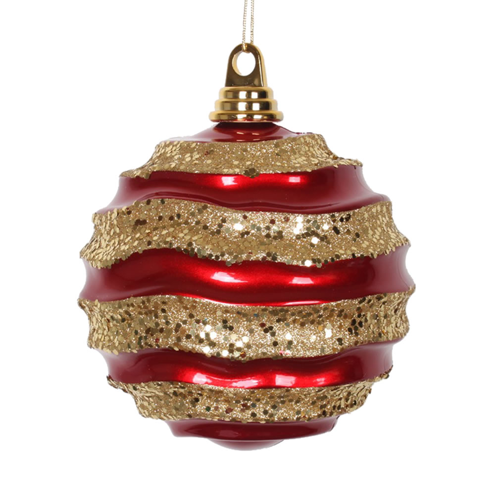 6 in. Red-Gold Candy with Glitter Wave Ball Christmas Ornament