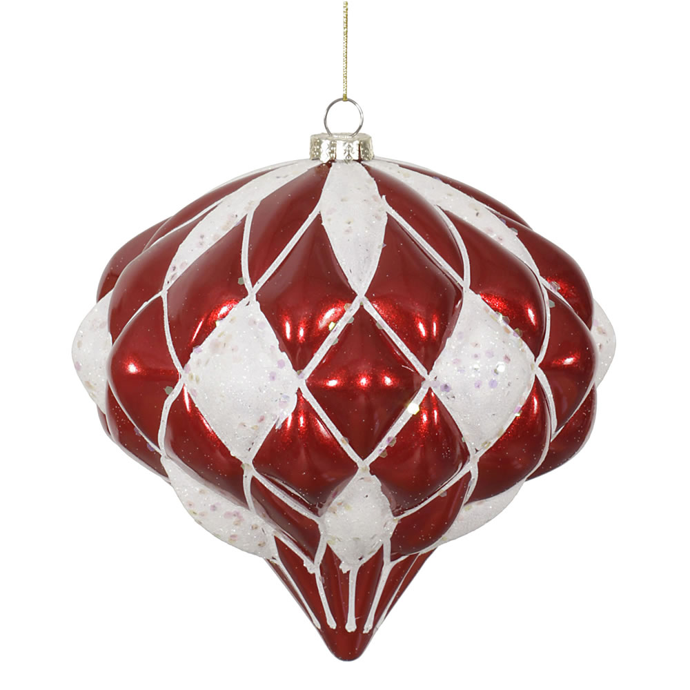 M112273 5.7 in. Red & White Matte & Glitter Diamond Onion Christmas Ornament