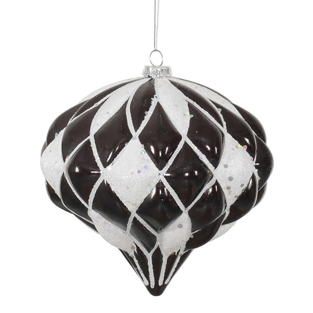 M112277 5.7 in. Black & White Matte & Glitter Diamond Onion Christmas Ornament