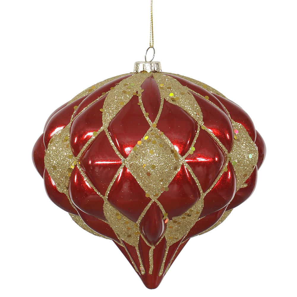 M112286 5.7 in. Red & Gold Matte & Glitter Diamond Onion Christmas Ornament