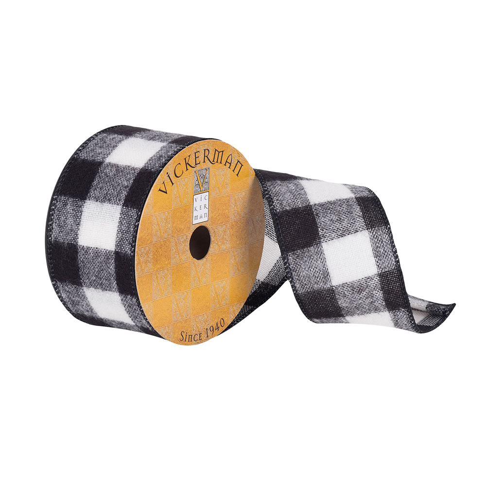2.5 in. x 10 Yards White & Black Soft Plaid Ribbon