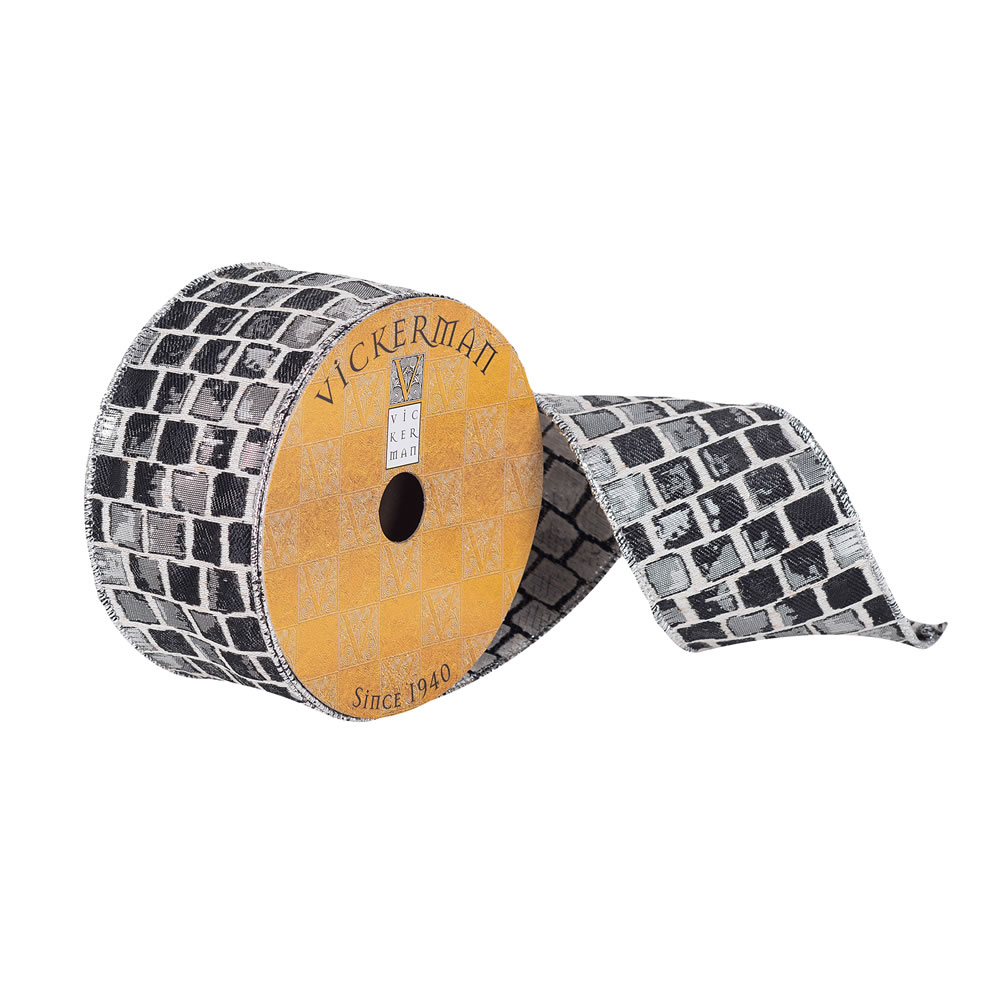 2.5 in. x 10 Yards Black & Silver Checkered Pattern Ribbon
