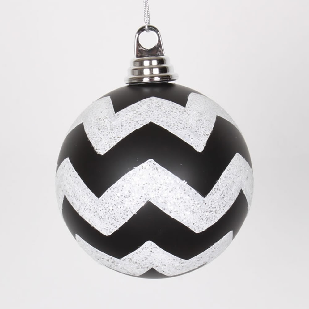 4.75 in. Black-White Matte & Glitter Chevron Ball Christmas Ornament  3 per Box