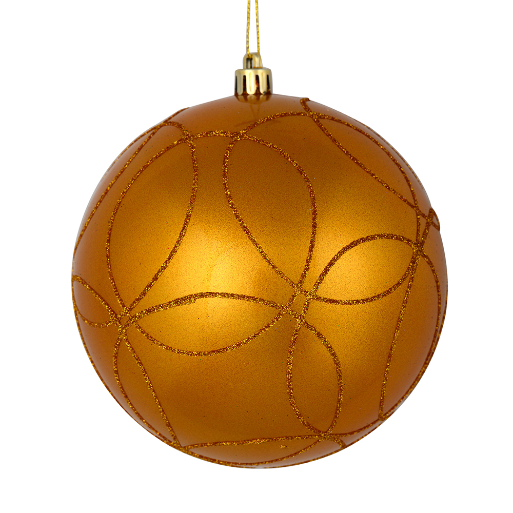 N182430D 4 in. Antique Gold Candy Ball Ornament with Circle Glitter Pattern  4 per Bag