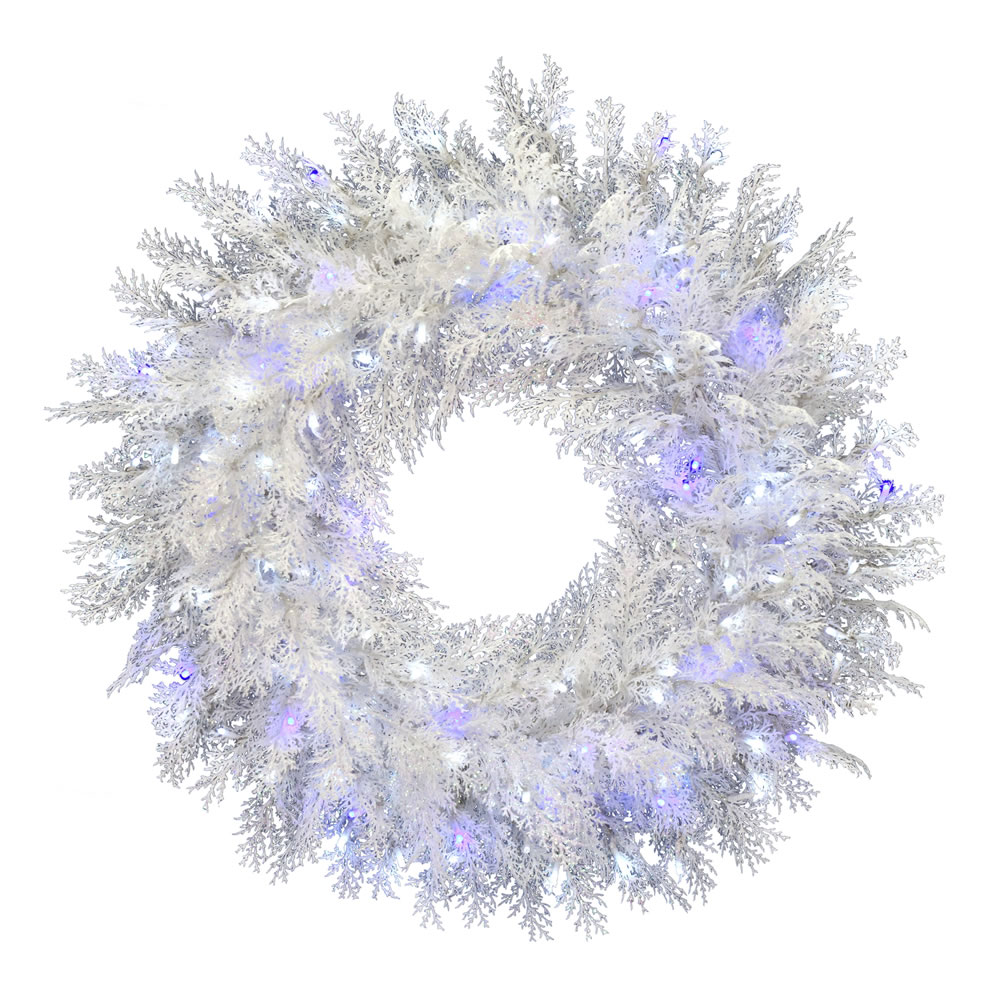 G197348LEDTW 48 in. Flocked Cedar Wreath with Twkle 600 LED Pure White & Blue 3 mm Wide Angle Twinkle Lights