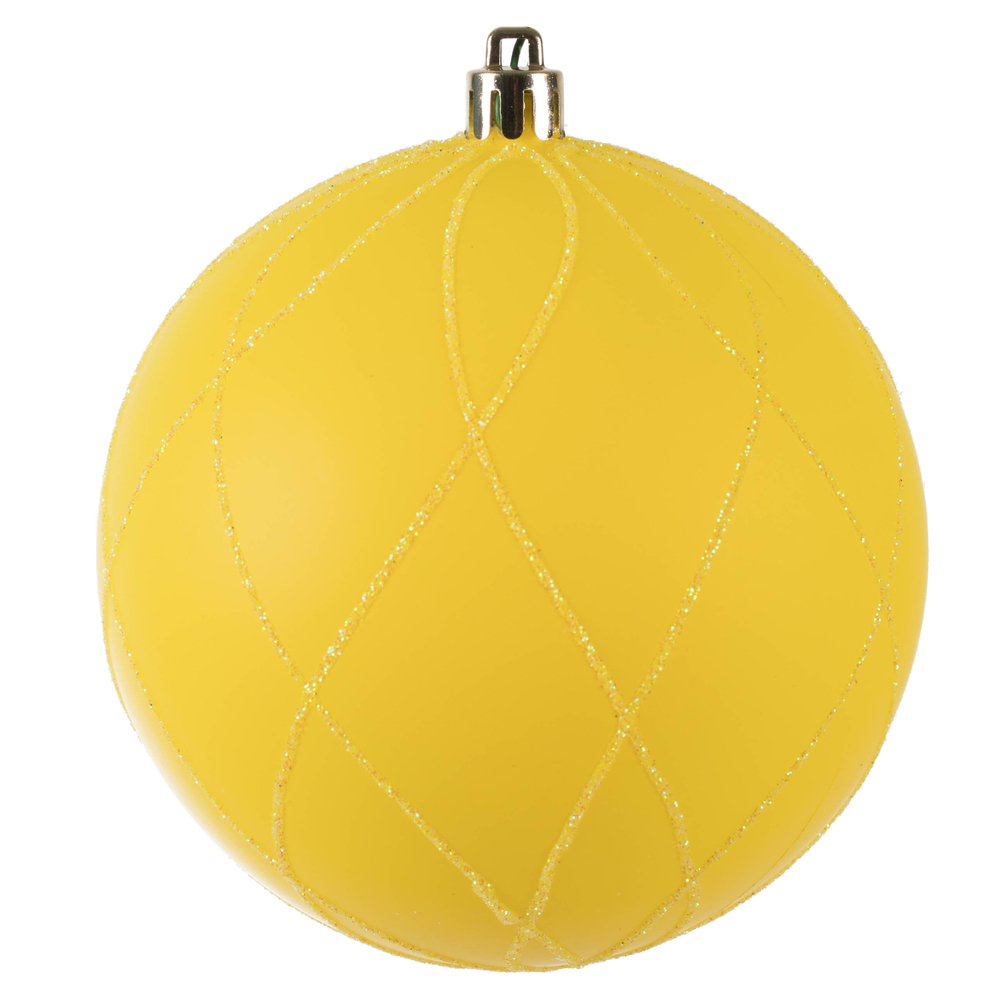 4 in. Yellow Matte Glitter Swirl Ball Ornament - 4 per Bag