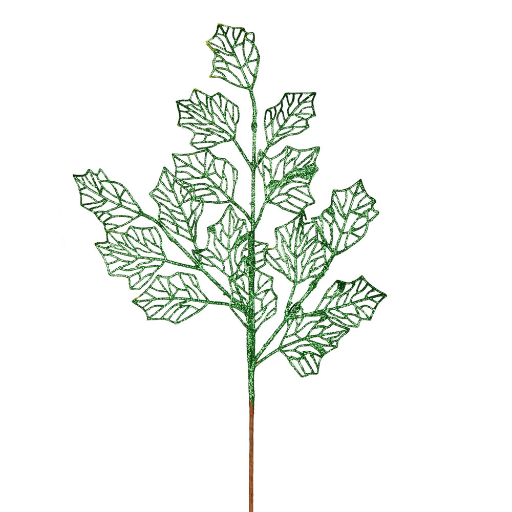 21 in. Green Glitter Holly Leaf Lace Spray - 12 per Bag