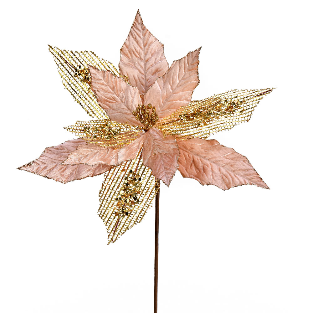 QG190158 13 in. Rose Gold Poinsettia Mesh Glitter Spray - 6 per Bag