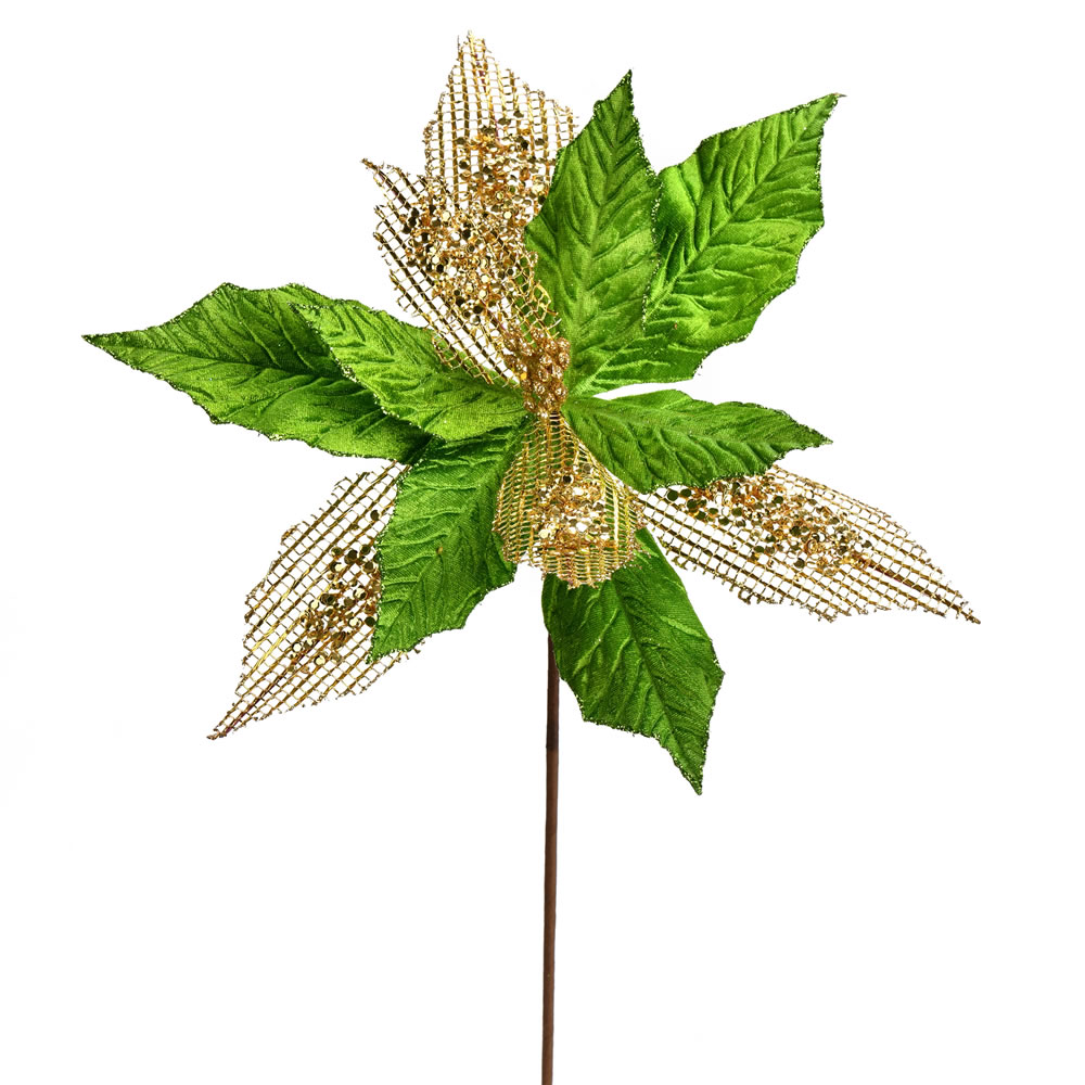 13 in. Lime Poinsettia Mesh Glitter Spray - 6 per Bag