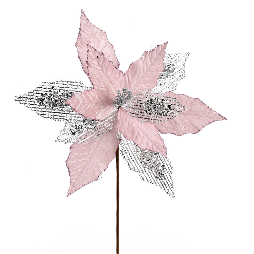 13 in. Pink Poinsettia Mesh Glitter Spray - 6 per Bag