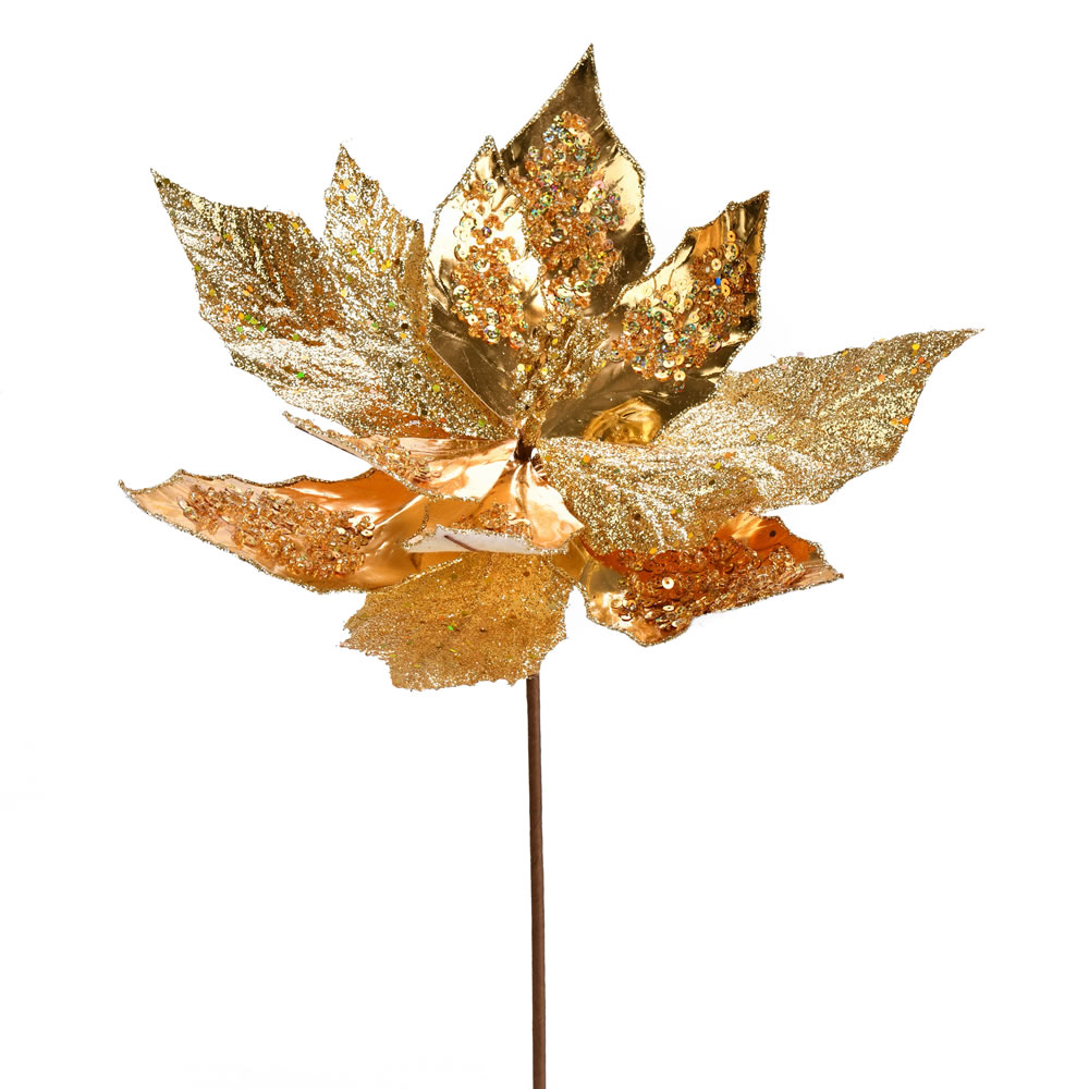 Picture of Vickerman QG191108 13 in. Gold Poinsettia Sequin Spray - 6 per Bag