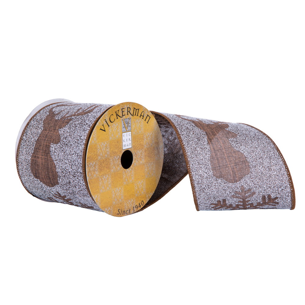 4 in. x 10 Yard Brown Tree & Snowflake Deer Pattern Ribbon
