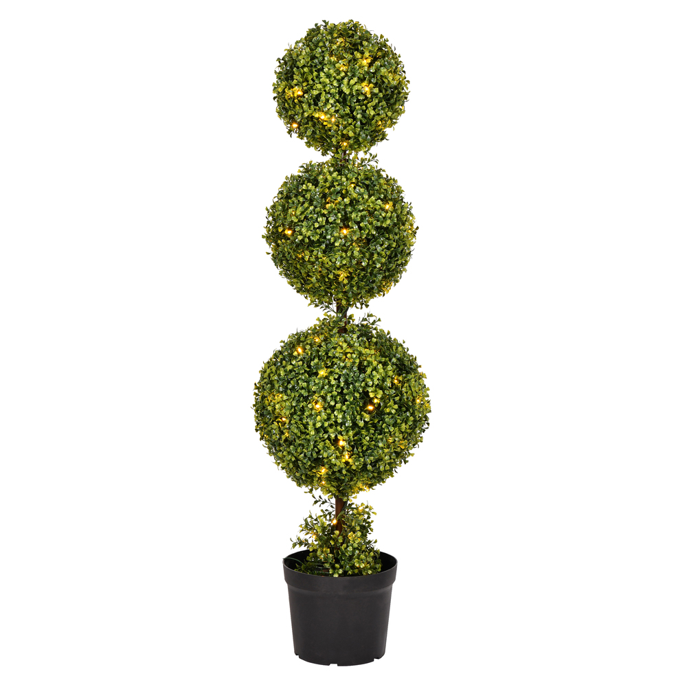 4 ft. Boxwood Triple Ball with Pot 140 Warm White LED Light