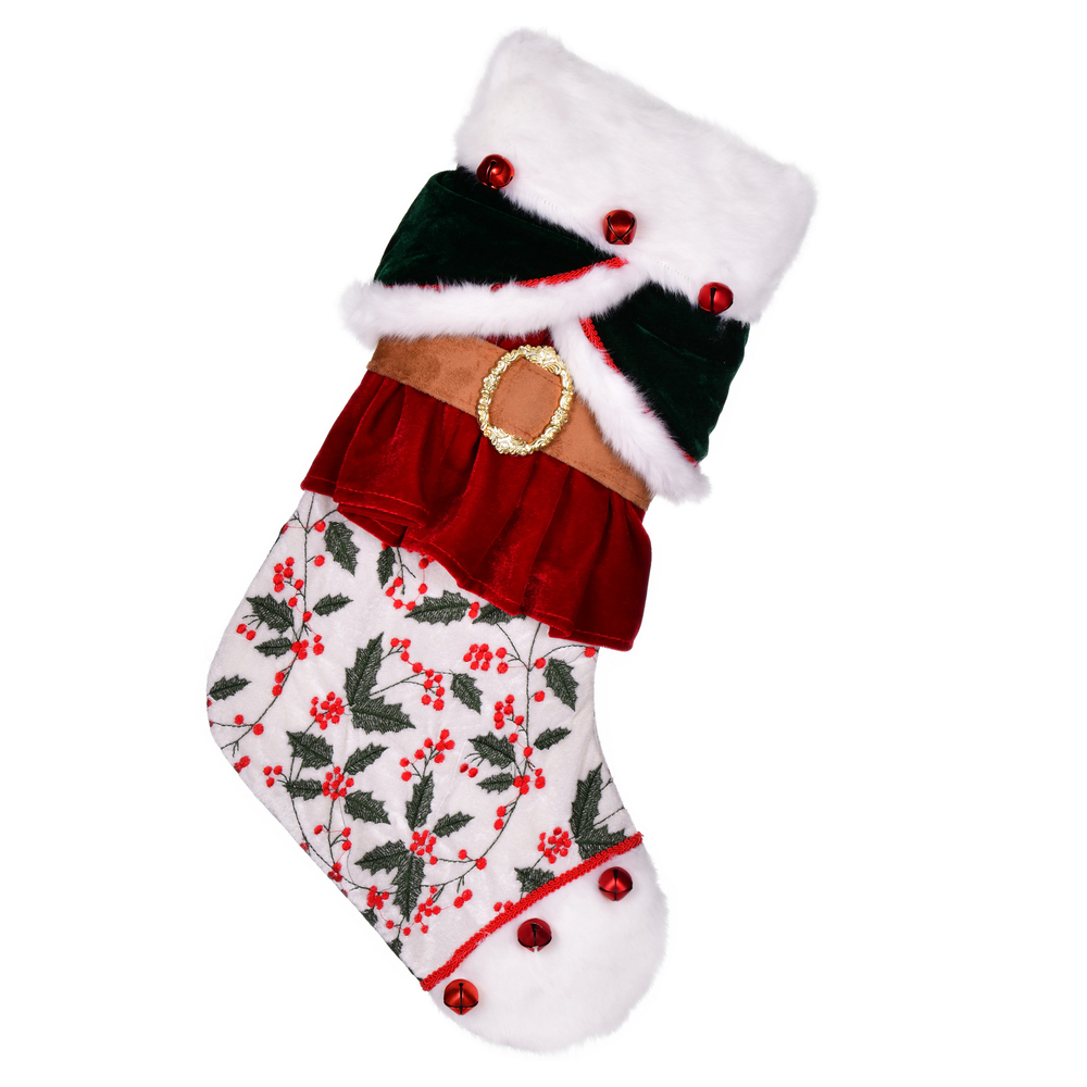 21 in. Holly Berry Velvet Belt Stocking